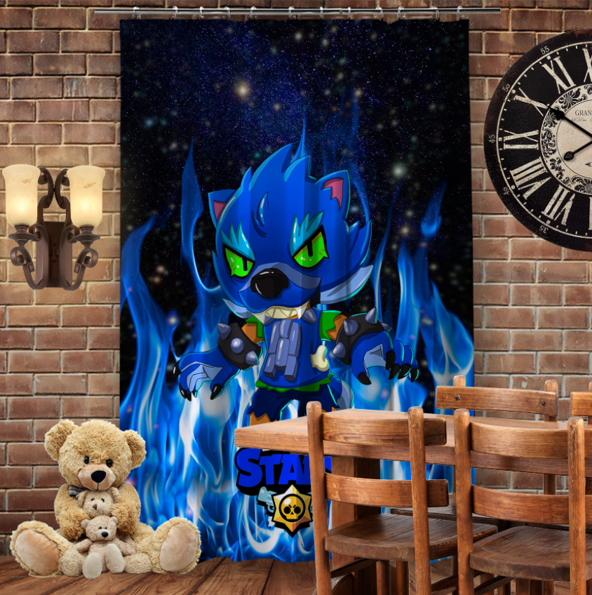 Штори 3D з принтом- Brawl Stars Leon Werewolf in blue fire
