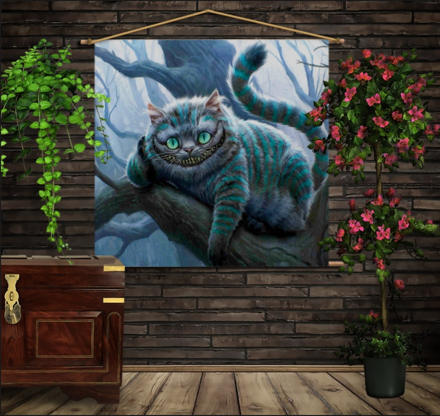 Мобільна картина-постер на тканині з 3D з принтом Чеширський Кіт на дереві