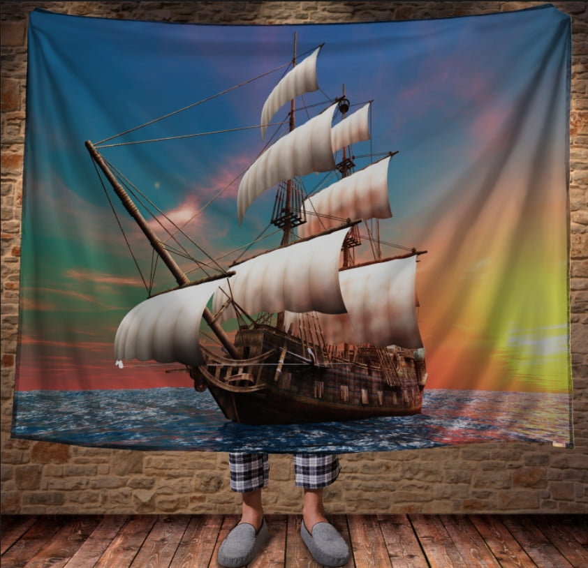 Плед с 3D принтом на тему-Корабль в море и восход Солнца