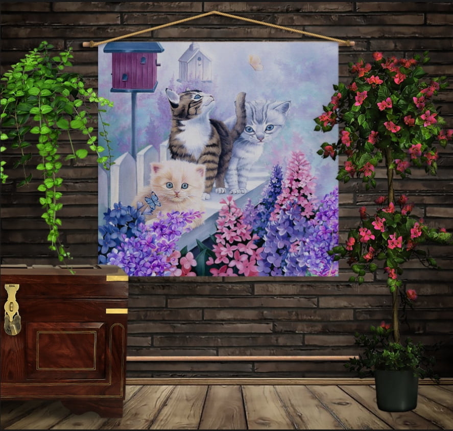 Мобильная картина-постер (гобелен) на ткани с 3D с принтом на тему: Котики на заборе с сиренью