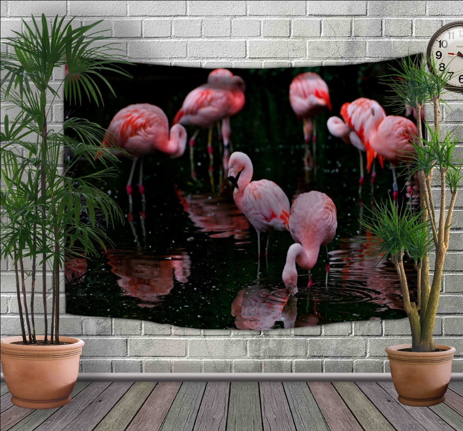 Панно-тапестри (гобелен) с 3D с принтом Розовые фламинго на темном фоне 240х140 см.