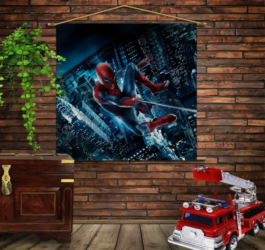 Мобильная картина-постер (гобелен) на ткани с 3D с принтом Спайдермен. ночной город