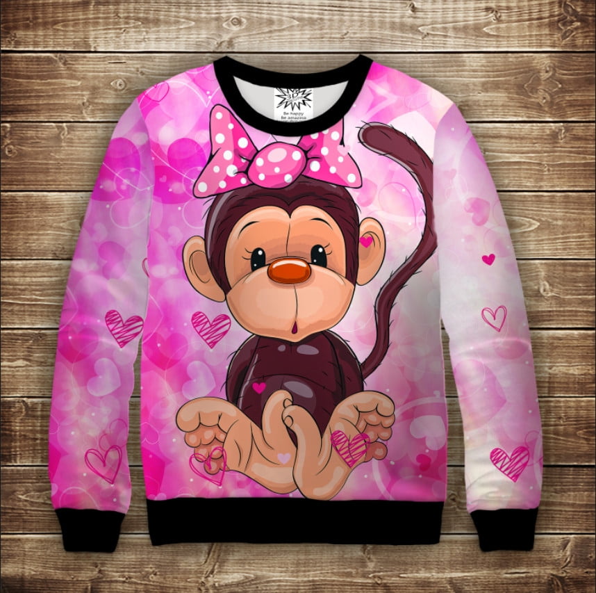 Свитшот с 3D принтом: Веселые обезьянки Розовый. Детские и взрослые размеры