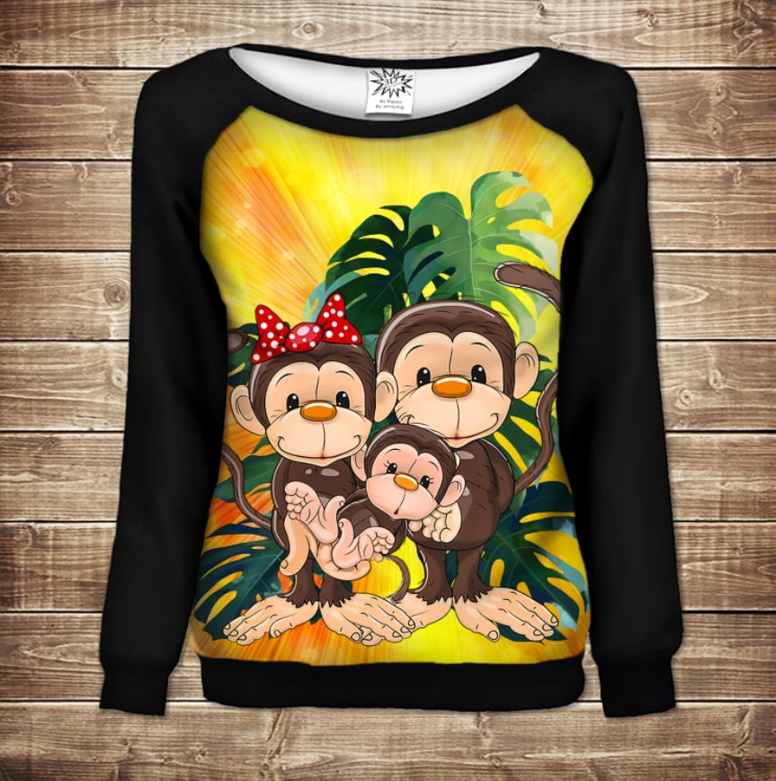 Женский свитшот-реглан с открытыми плечами с 3D принтом: Веселые обезьянки Желтый 2