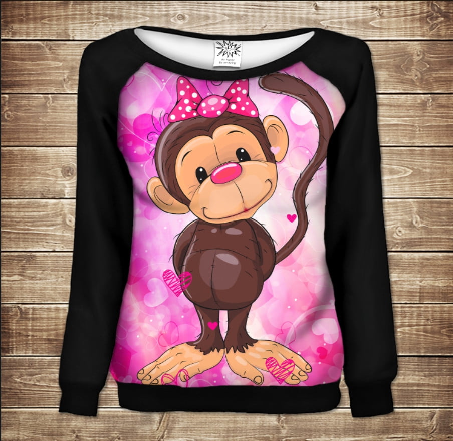 Женский свитшот-реглан с открытыми плечами с 3D принтом: Веселые обезьянки Розовый 2