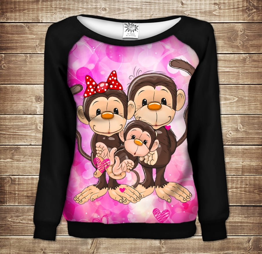 Женский свитшот-реглан с открытыми плечами с 3D принтом: Веселые обезьянки Розовый 1