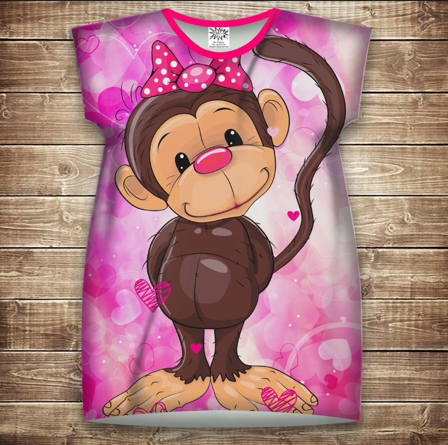 Платье-туника с 3D принтом: Веселые обезьянки Розовый 2. Взрослые и Детские размеры