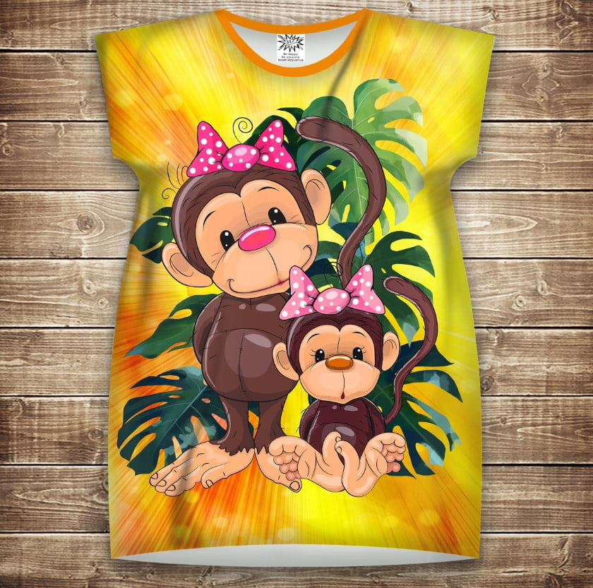 Платье-туника с 3D принтом: Веселые обезьянки Желтый 1. Взрослые и Детские размеры