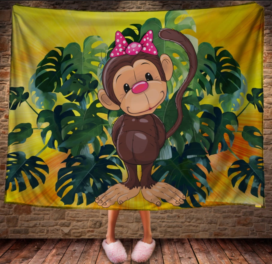 Плед с 3D принтом на тему: Веселые обезьянки. Желтый 3
