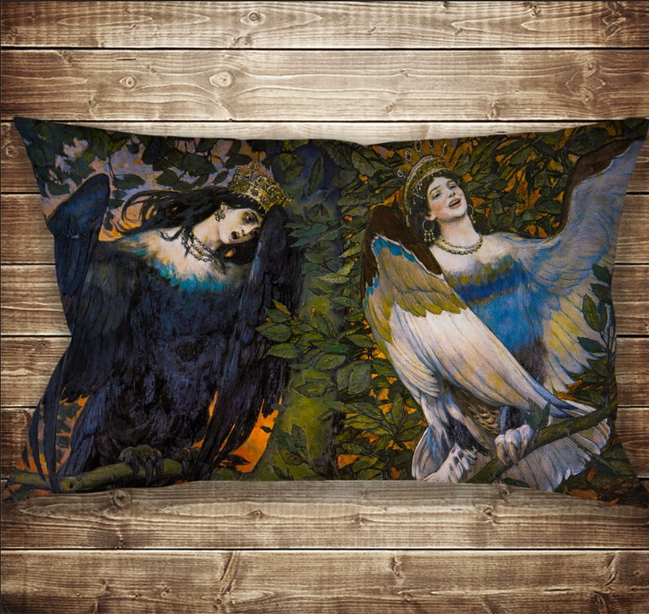 Подушка-картина с принтом на тему: Картина Васнецова. Мифические существа Сирин и Алконост. 50 х 70 см