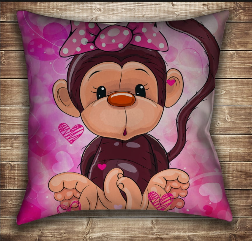 Подушка с принтом на тему: Веселые обезьянки. Розовый 70х70