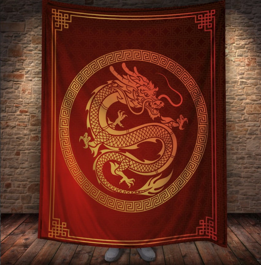Золотий дракон орнамент на червоному фоні