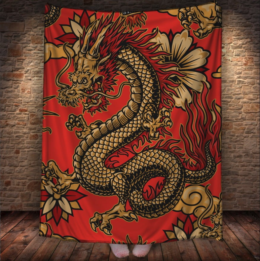 китайський Дракон - чорно золотий в квітах на червоному фоні