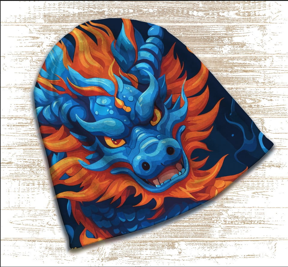 Шапка з 3D принтом - Блакитно помаранчевий дракон. Всі розміри
