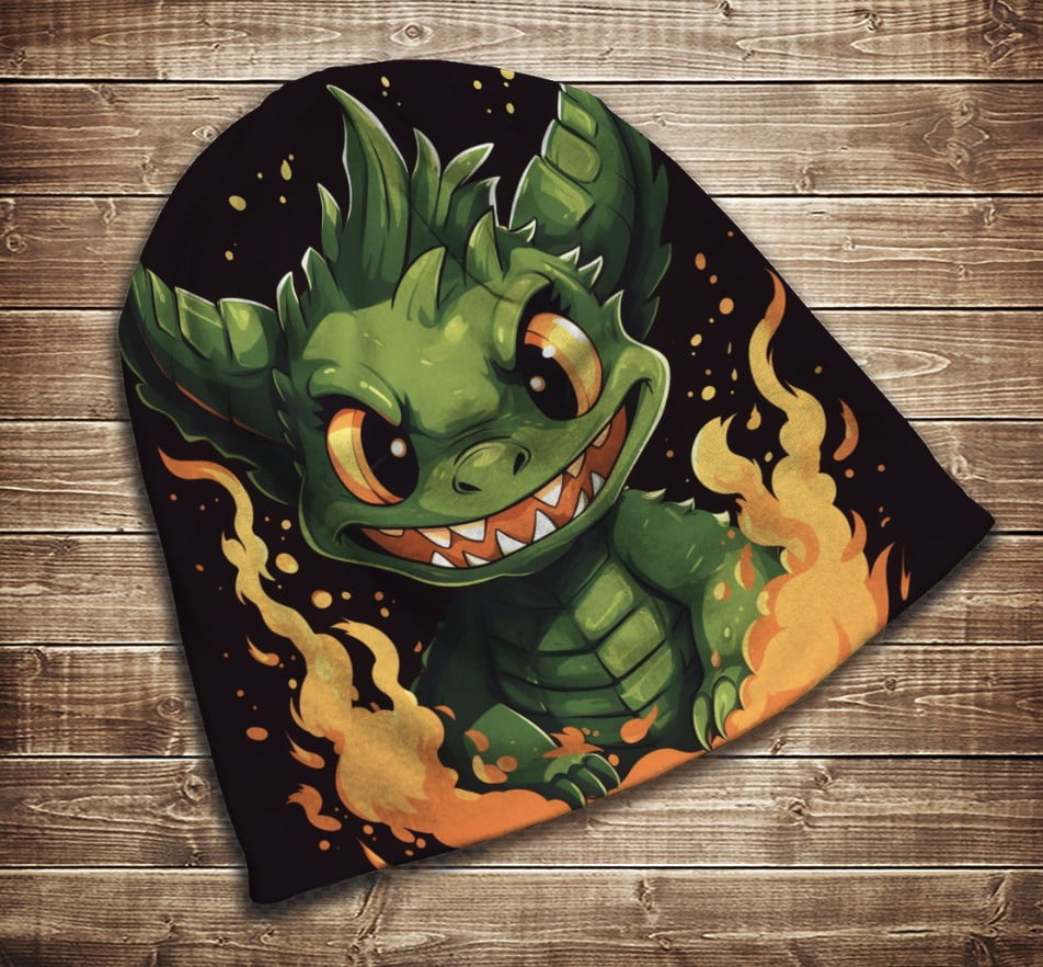 Шапка з 3D принтом - Зелений дракончик у вогні. Всі розміри
