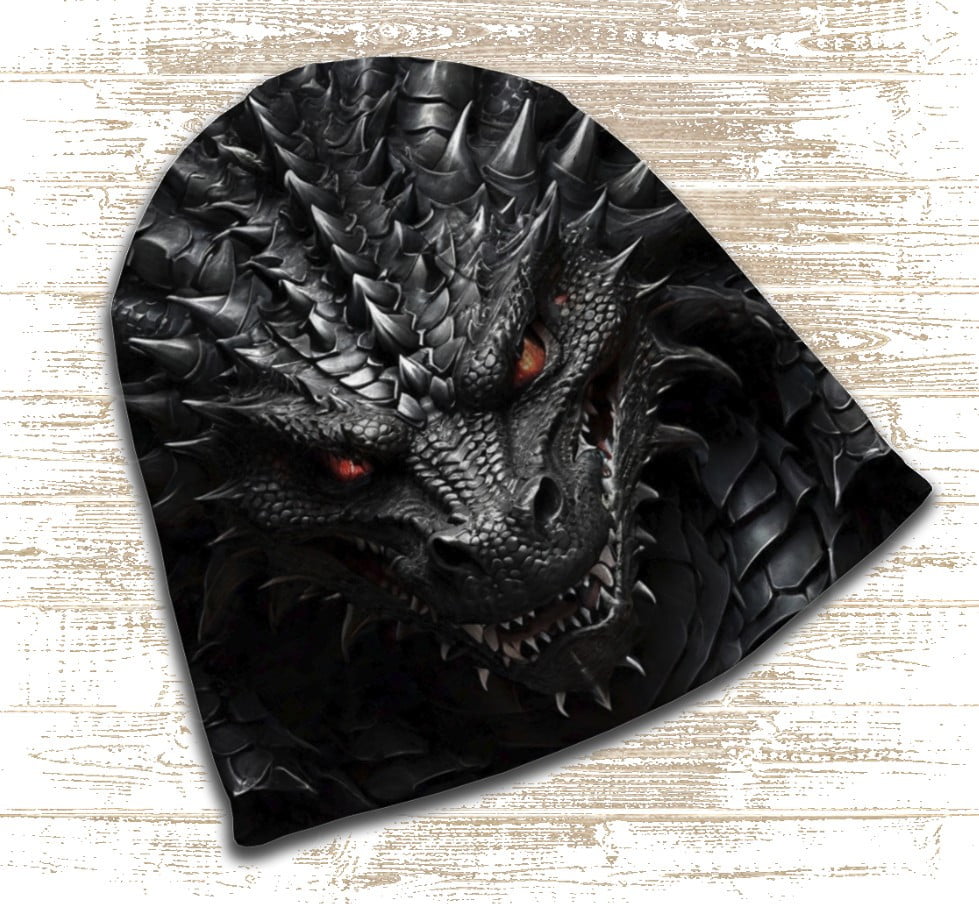 Шапка з 3D принтом - Чорний залізний дракон. Всі розміри