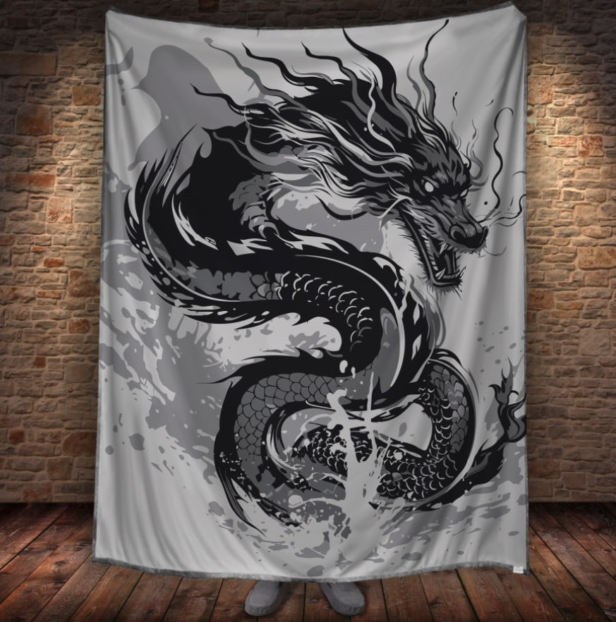 Плед з 3D принтом Реальні великі дракони. Китайський дракон чорно білий арт