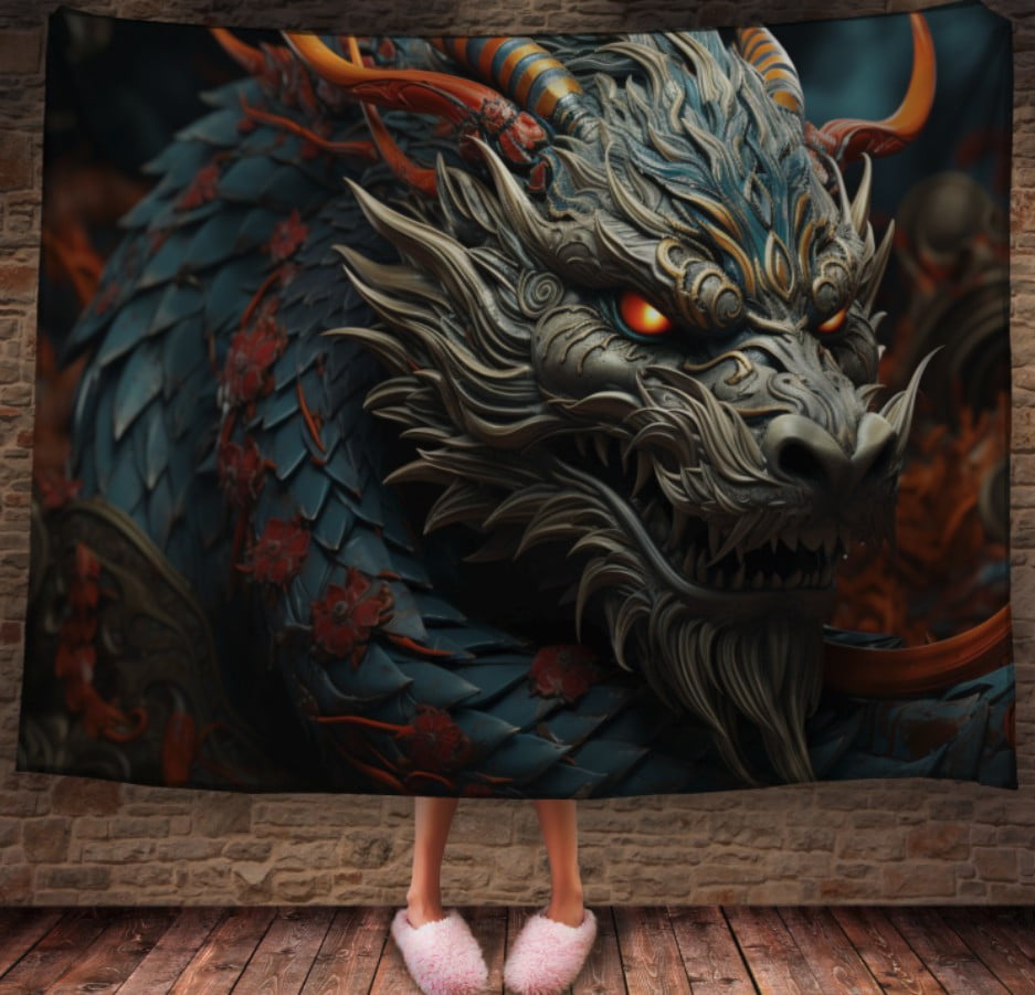 Плед з 3D принтом Реальні великі дракони. Синій дракон з червоними очима