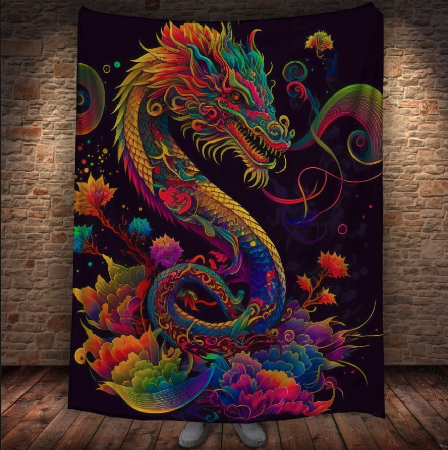 Плед з 3D принтом Реальні великі дракони. Китайський неоновий дракон на чорному фоні