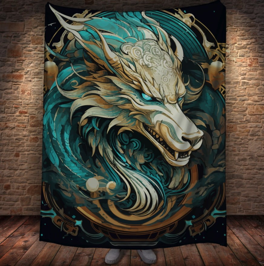 Плед з 3D принтом Реальні великі дракони. Небесно золотий китайський дракон з блакитними очима_001
