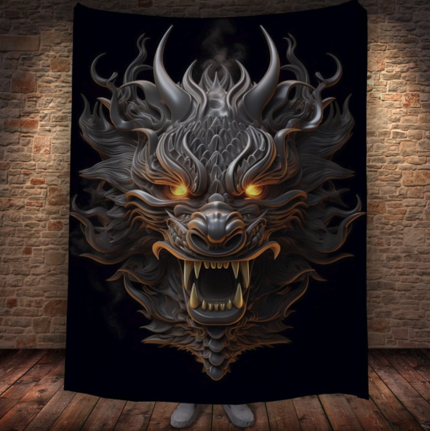 Плед з 3D принтом Реальні великі дракони. Срібний китайський дракон з палаючими очима на чорному фоні