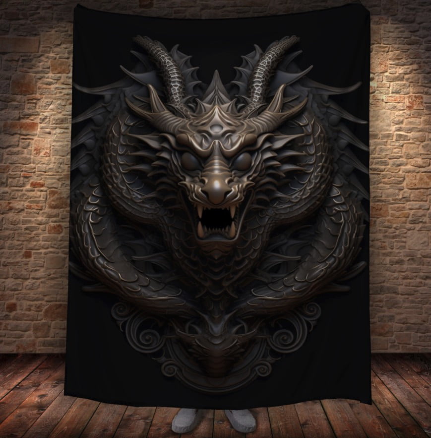 Плед з 3D принтом Реальні великі дракони. Бронзовий китайський дракон на чорному фоні _001