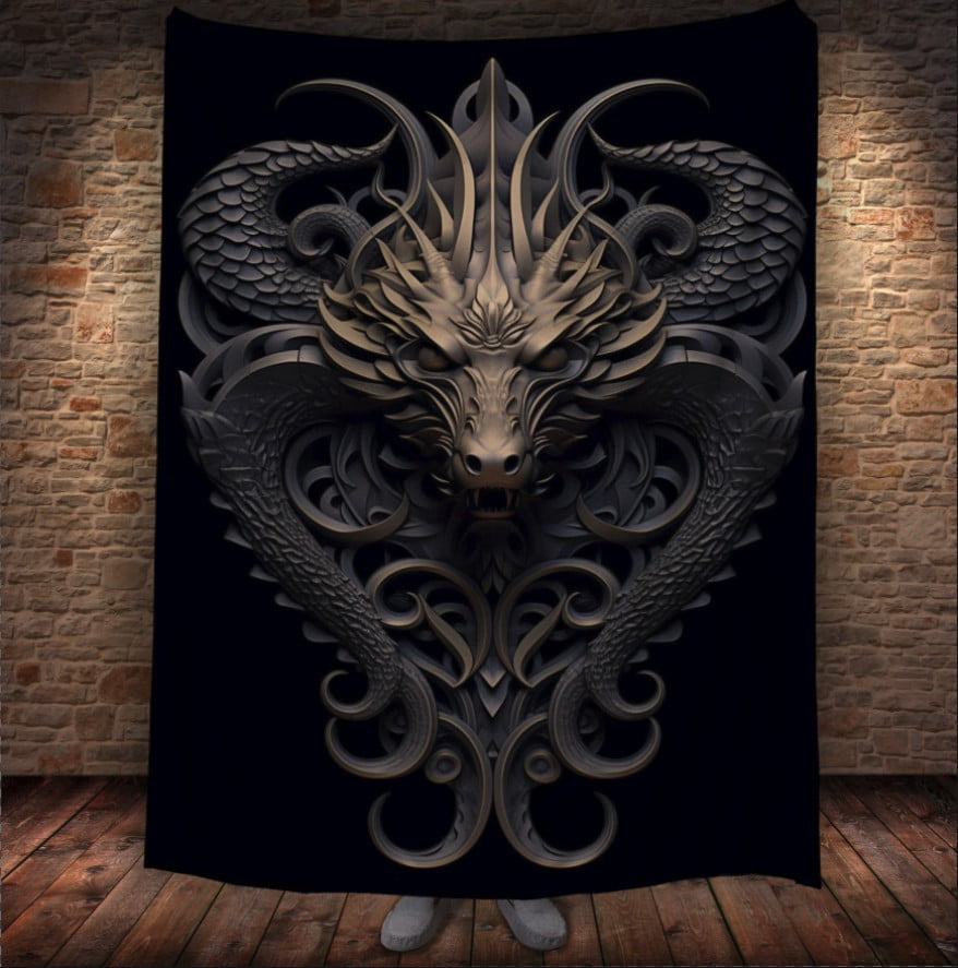 Плед з 3D принтом Реальні великі дракони. Бронзовий китайський дракон на чорному фоні _002