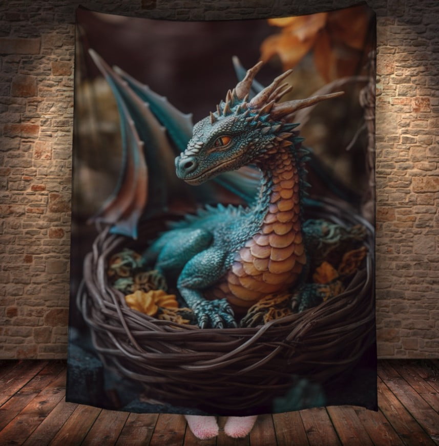 Плед з 3D принтом Реальні великі дракони. Китайський синій дракон в гнізді