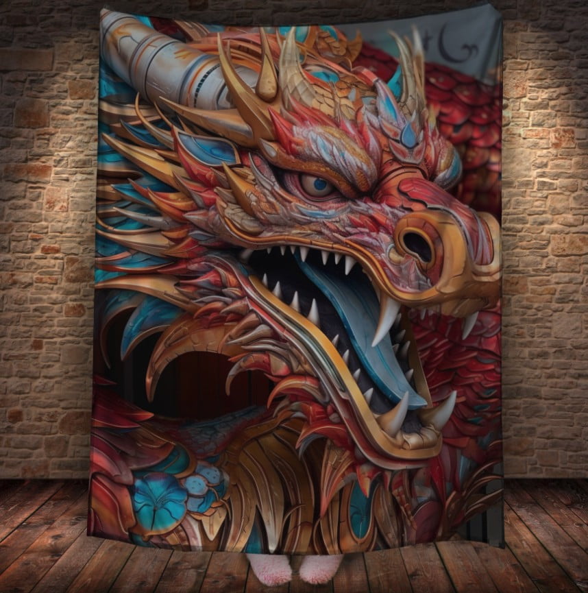 Плед з 3D принтом Реальні великі дракони. Барвистий китайський дракон з зубами