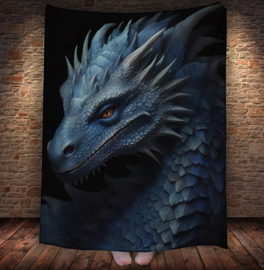 Плед з 3D принтом Реальні великі дракони. Блакитний повітряний дракон на чорному фоні