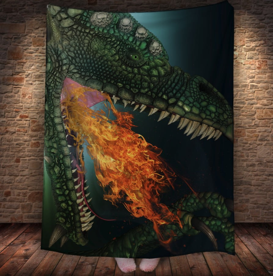 Плед з 3D принтом Реальні великі дракони. Зелений  вогнедишний дракон