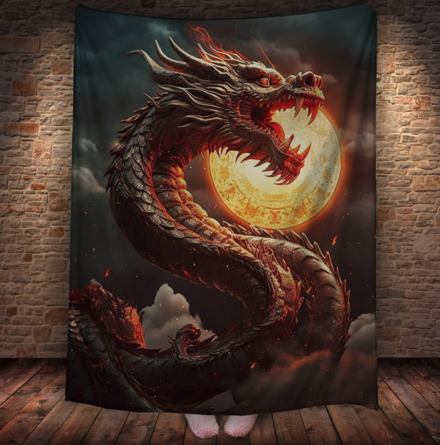 Плед з 3D принтом Реальні великі дракони. Небесний дракон на фоні сонця