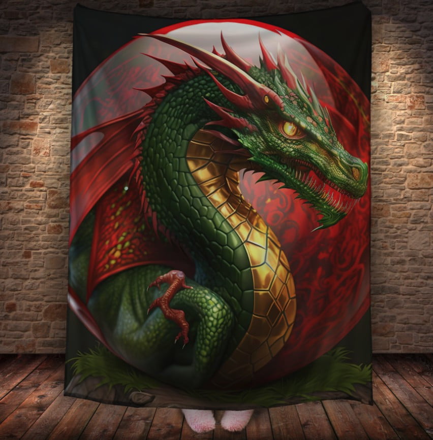 Плед з 3D принтом Реальні великі дракони.  Червоно зелений китайський дракон