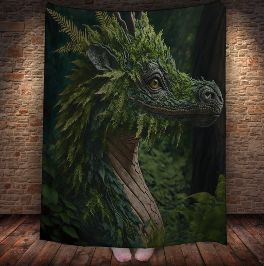 Плед з 3D принтом Реальні великі дракони. Зезелений лісовий дракон з листям папороті