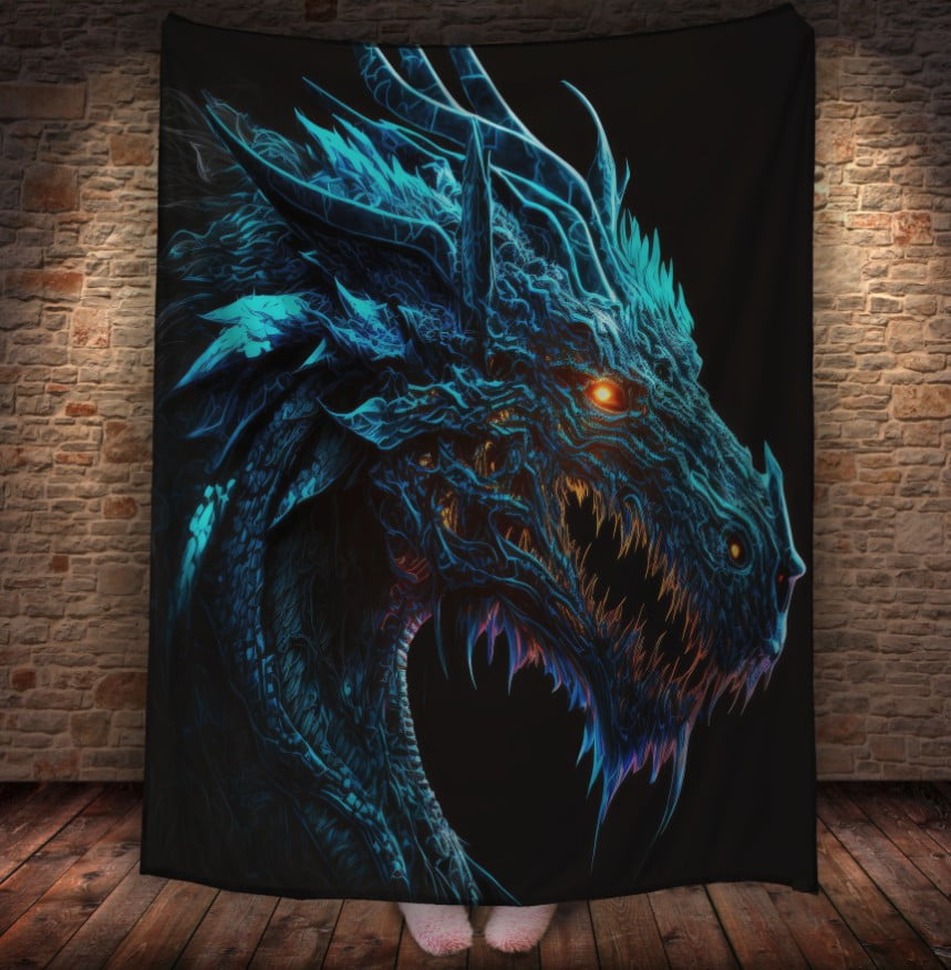 Плед з 3D принтом Реальні великі дракони. Злий синій дракон з зубами та палаючими очима