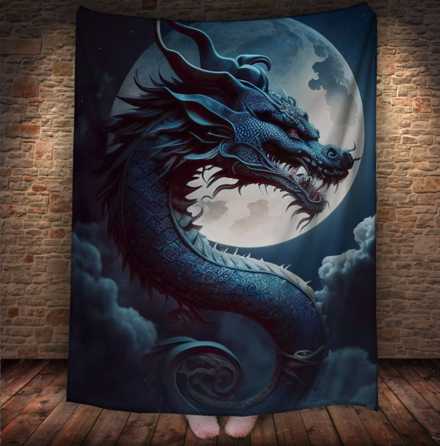 Плед з 3D принтом Реальні великі дракони. Синій  дракон на фоні місяця