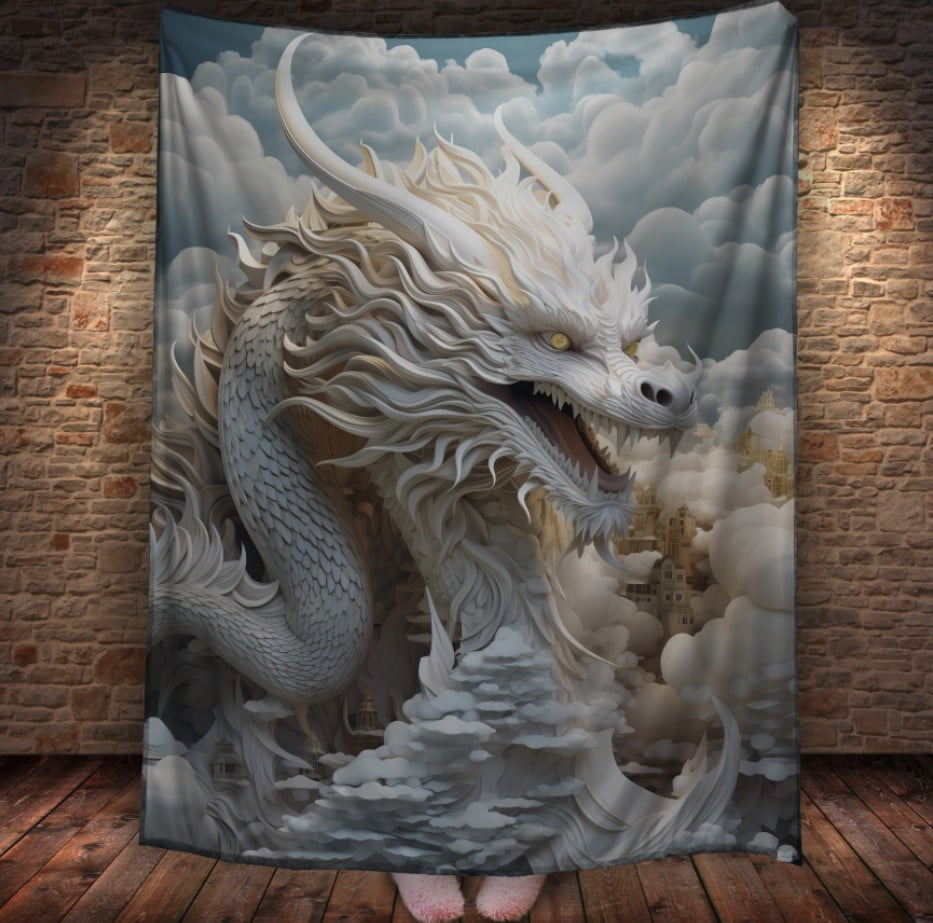 Плед з 3D принтом Реальні великі дракони. Білий китайський небесний дракон