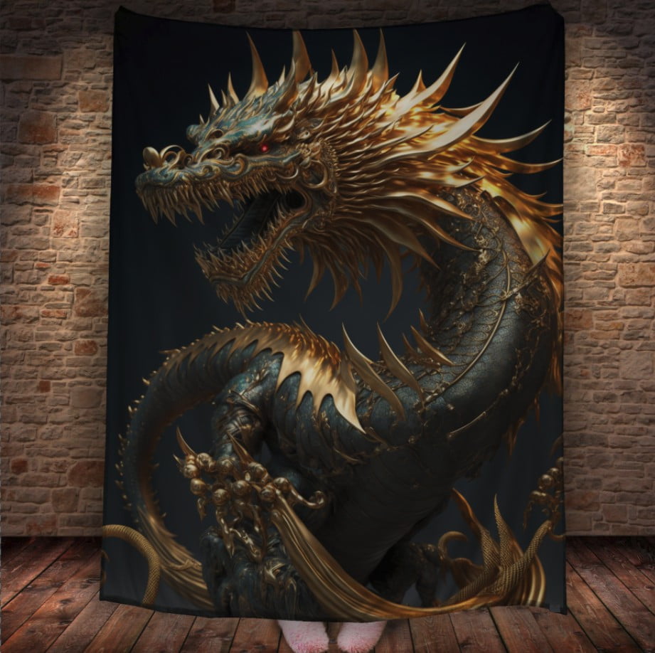 Плед з 3D принтом Реальні великі дракони. Золотий  дракон з червоними очима