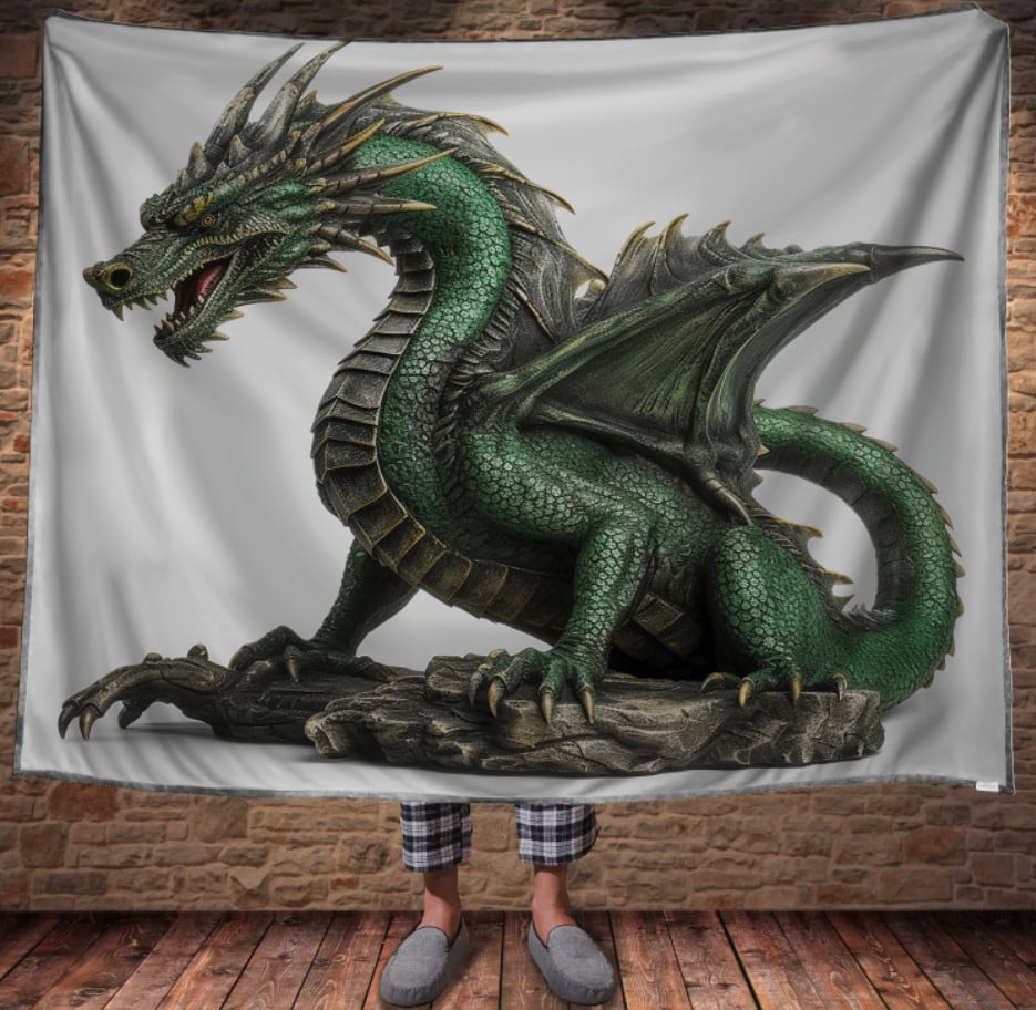 Плед з 3D принтом Реальні великі дракони.  Зелений дракон з крилами на білому фоні