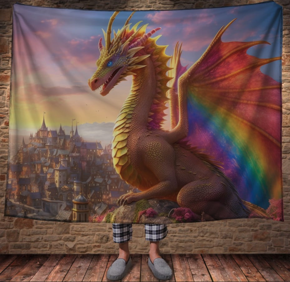Плед з 3D принтом Реальні великі дракони. Жовтий дракон з неоновими крилами над містом