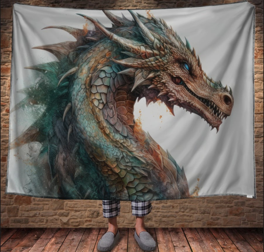Плед з 3D принтом Реальні великі дракони. Зелений дракон з блакитними очима на білому фоні