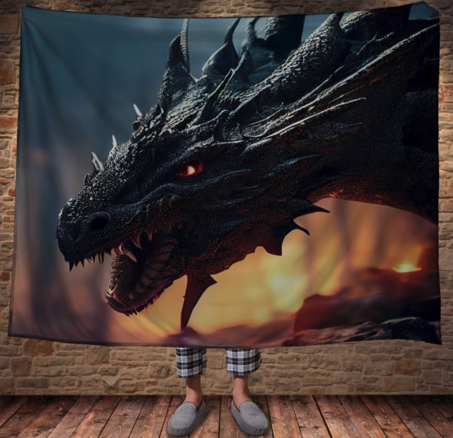 Плед з 3D принтом Реальні великі дракони. Чорний великий дракон перед боем