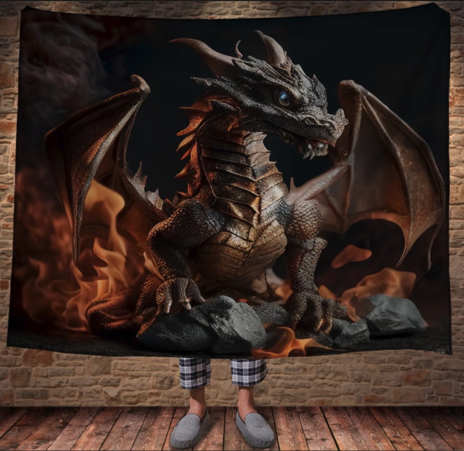 Плед з 3D принтом Реальні великі дракони. Кам'яний велетень дракон у вогні