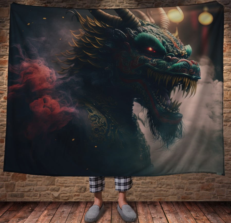 Плед з 3D принтом Реальні великі дракони. Зелений великий дракон з палаючими очима _001