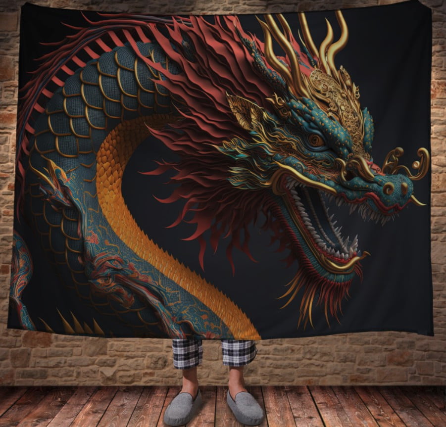 Плед з 3D принтом Реальні великі дракони. Яскравий великий дракон на синьому фоні _001