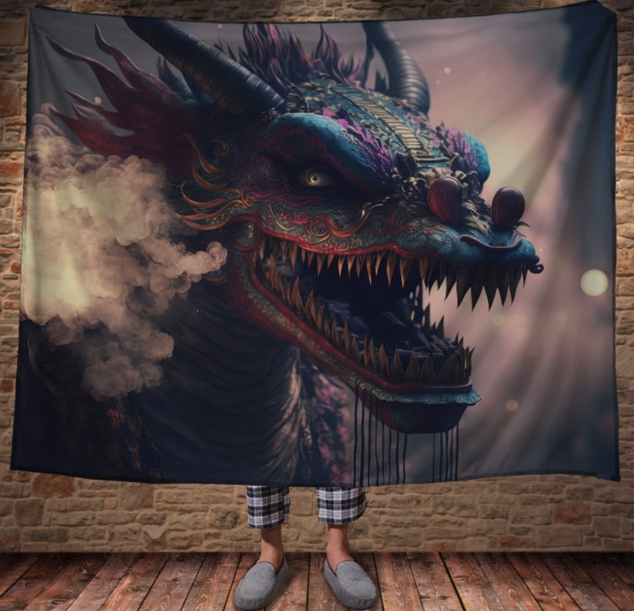 Плед з 3D принтом Реальні великі дракони. Синій великий дракон с зубами
