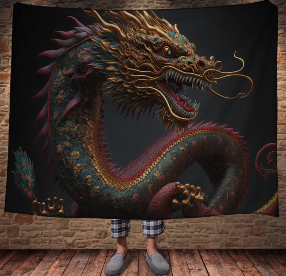 Плед з 3D принтом Реальні великі дракони. Яскравий великий дракон на синьому фоні _002