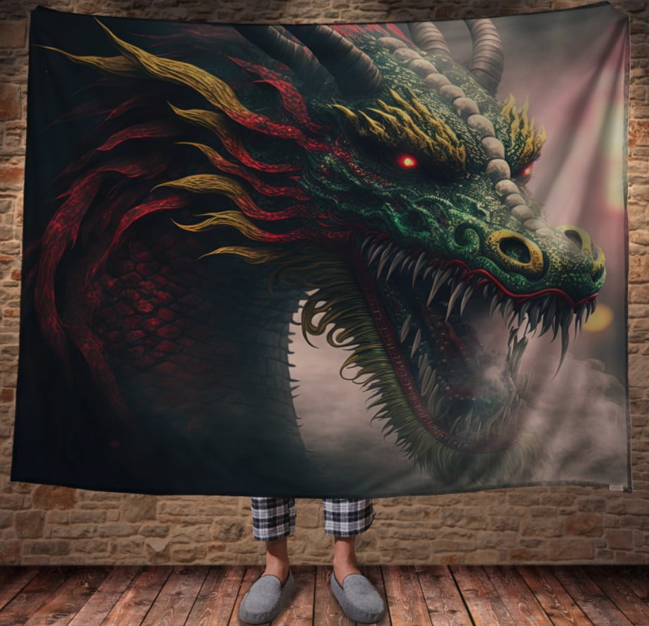 Плед з 3D принтом Реальні великі дракони. Зелений великий дракон з палаючими очима _002