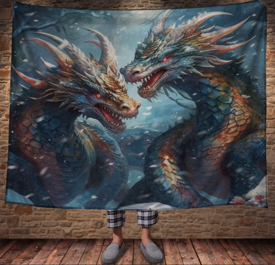 Плед з 3D принтом Реальні великі дракони. Пара драконів в засніженому лісі