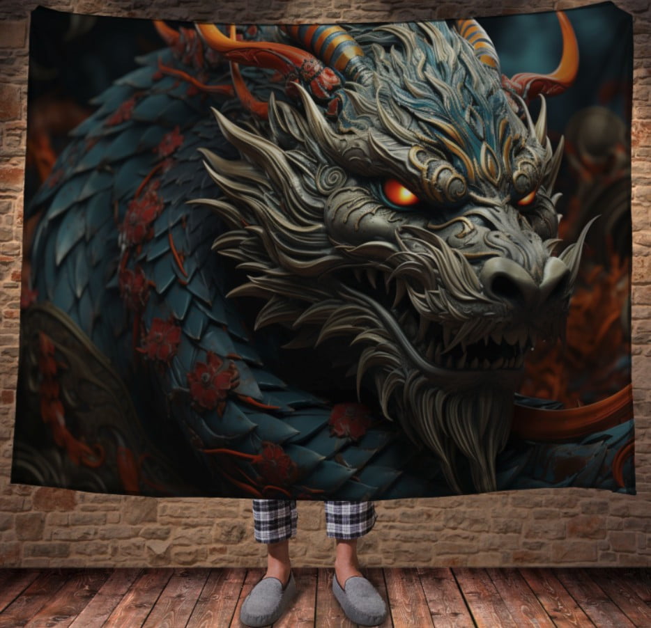 Плед з 3D принтом Реальні великі дракони. Великий червоно синій дракон з палаючими очима